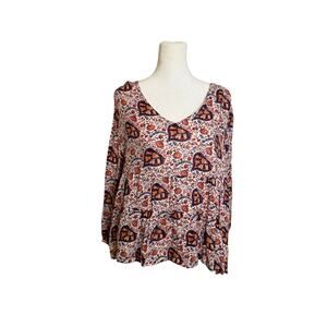 Lucky Brand Women’s Vneck Long Sleeve Viscose Floral Red Orange L